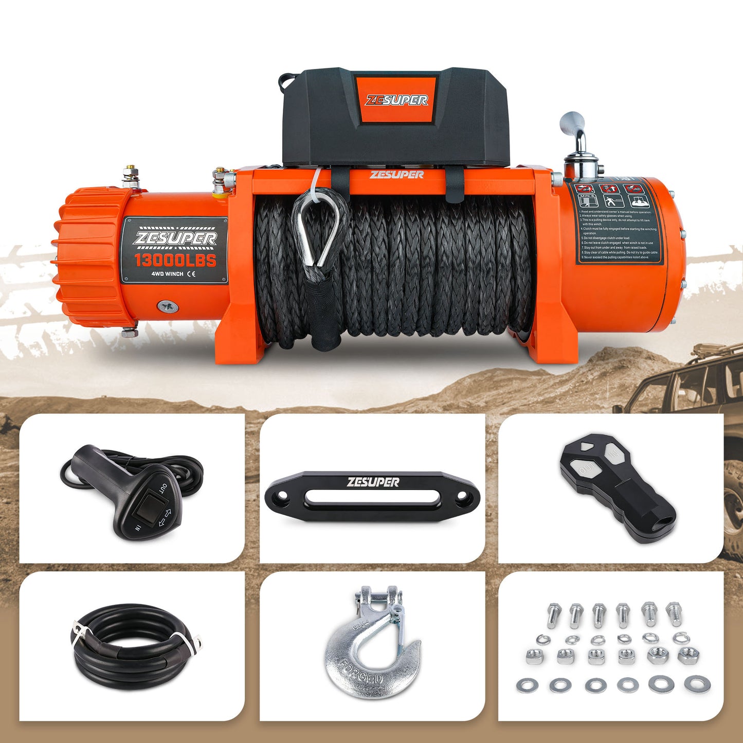 ZESUPER 13000 lb Load Capacity Electric Winch 12V Waterproof IP67 Winch Truck Winch Kit Synthetic Rope, Waterproof Off Road Winch for Jeep,Truck,SUV with Wirless Remote and Corded Control