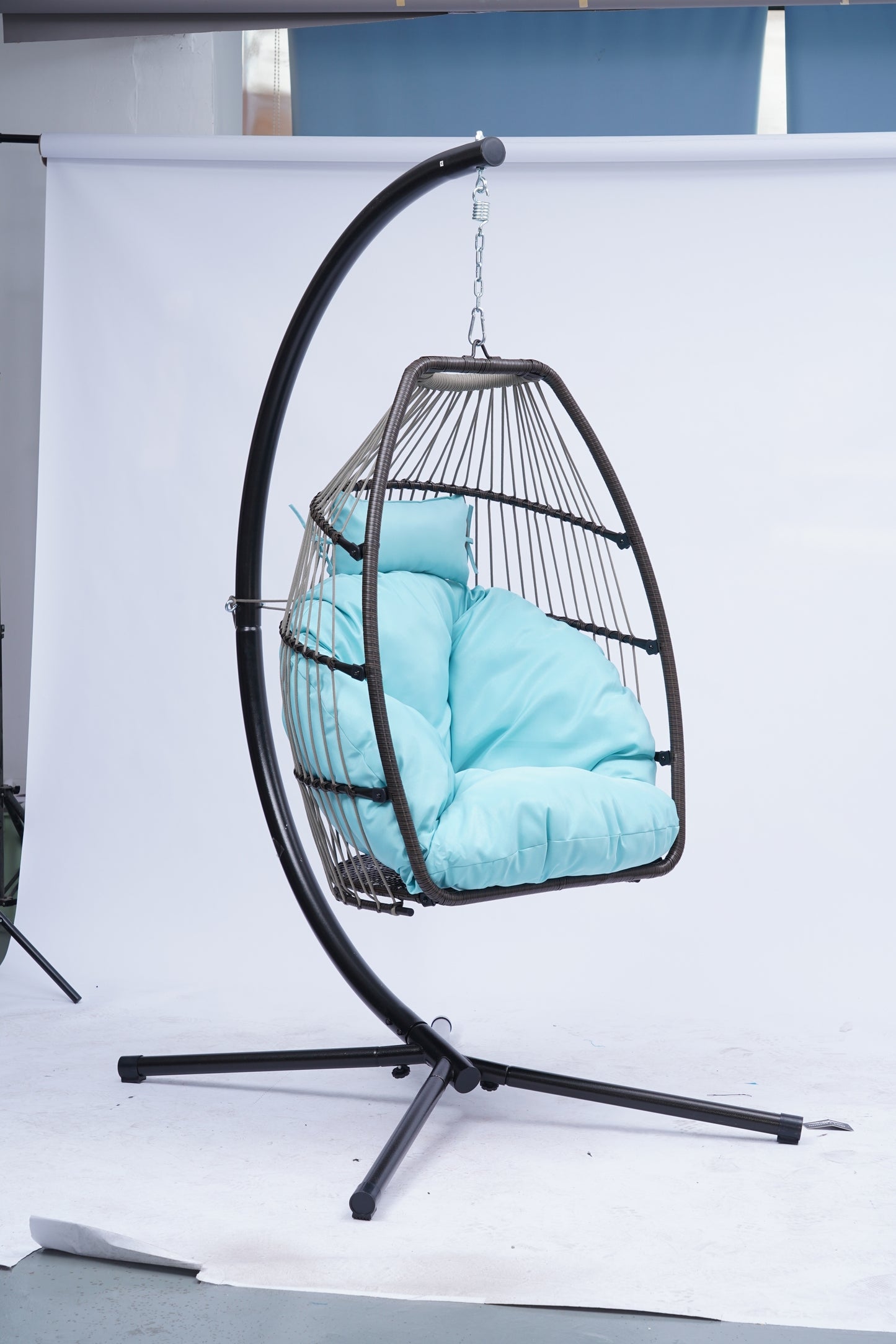 Patio Wicker folding Hanging Chair,Rattan Swing Hammock Egg Chair with C Type bracket , with cushion and pillow,for Indoor,Outdoor，Blue