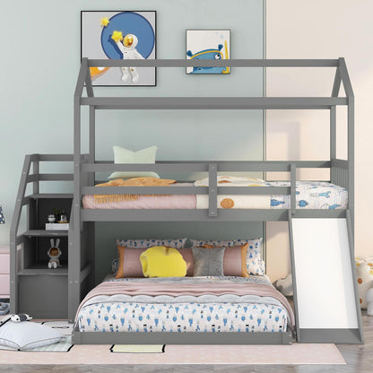 Twin over Full House Bunk Bed with Convertible Slide and Storage Staircase,Full-Length Guardrail,Gray