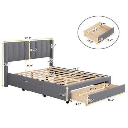 Full Size Upholstered Platform Bed with One Large Drawer in the Footboard and Drawer on Each Side,Gray