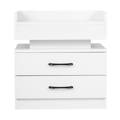 Nightstand with 2 Drawers,USB Charging Ports and Remote Control LED Light-White