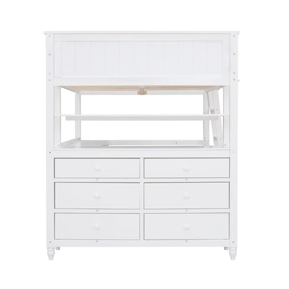 Full size Loft Bed with Drawers and Desk, Wooden Loft Bed with Shelves - White(OLD SKU:LT000529AAK)