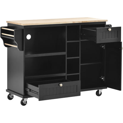 K&K Kitchen Island Cart with Storage Cabinet and Two Locking Wheels,Solid wood desktop,Microwave cabinet,Floor Standing Buffet Server Sideboard for Kitchen Room,Dining Room,, Bathroom（Black）