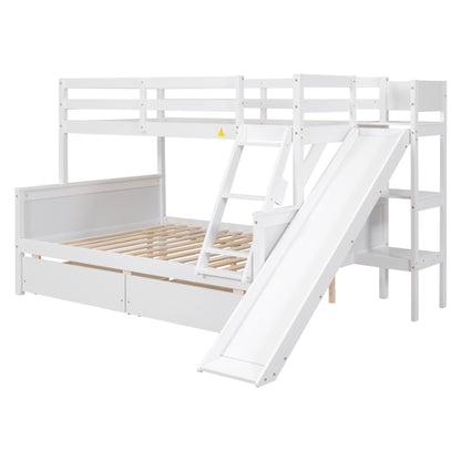 Twin over Full Bunk Bed with 2 Drawers,Slide,Shelves White