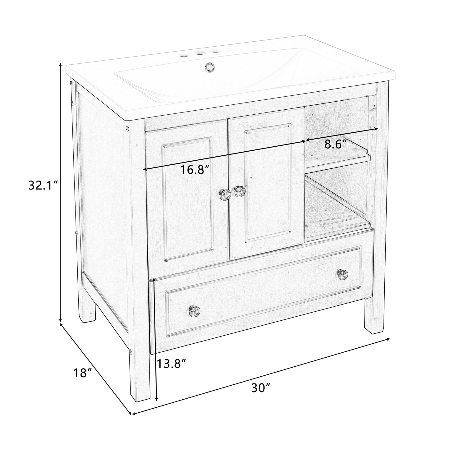 [VIDEO] 30" Bathroom Vanity with Sink, Bathroom Storage Cabinet with Doors and Drawers, Solid Wood Frame, Ceramic Sink, Brown