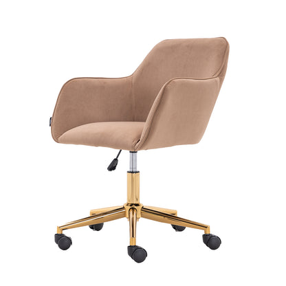 Modern Velvet Fabric Material Adjustable Height 360 revolving Home Office Chair with Gold Metal Legs and Universal Wheels for Indoor,Light Coffee Brown