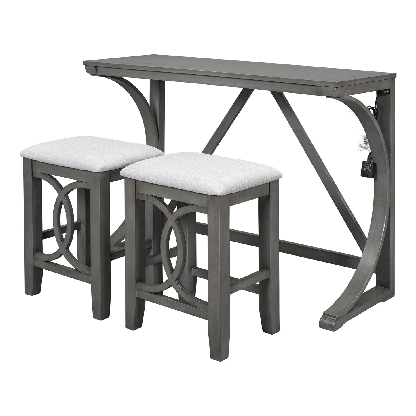 TOPMAX Farmhouse 3-Piece Counter Height Dining Table Set with USB Port and Upholstered Stools,Gray