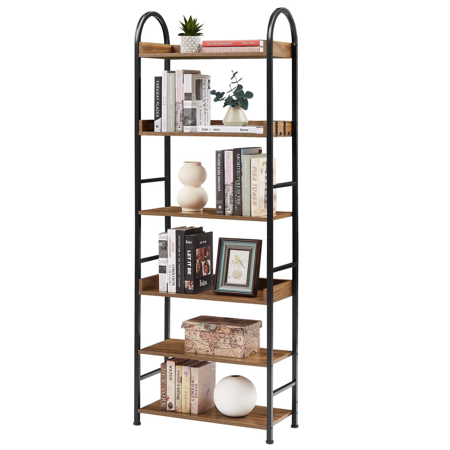 70.8 Inch Tall Bookshelf, 6-tier Shelves with Round Top Frame, MDF Boards, Adjustable Foot Pads, Brown