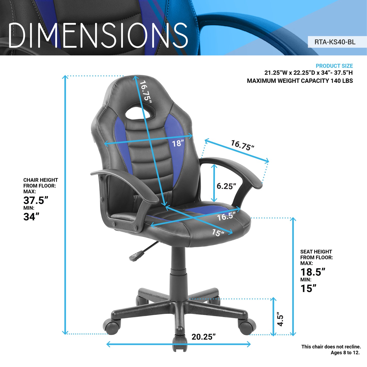 Techni Mobili Kid\'s Gaming and Student Racer Chair with Wheels, Blue