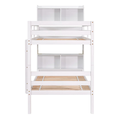 Twin Over Twin Bunk Beds with Bookcase Headboard, Solid Wood Bed Frame with Safety Rail and Ladder, Kids/Teens Bedroom, Guest Room Furniture, Can Be converted into 2 Beds, White