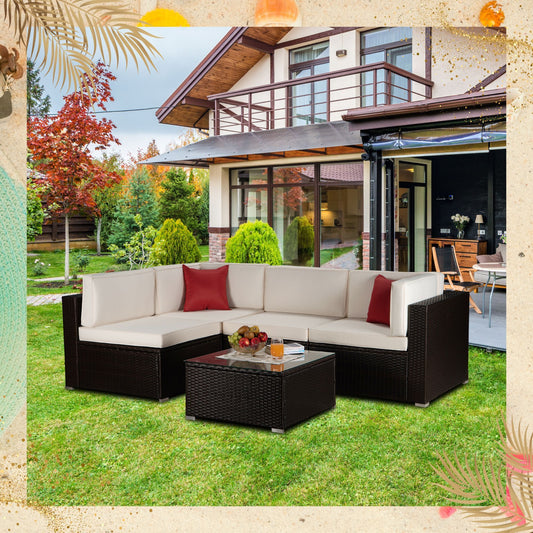 Outdoor Garden Patio Furniture 5-Piece Brown PE Rattan Wicker Sectional Beige Cushioned Sofa Sets with 2 Red Pillows