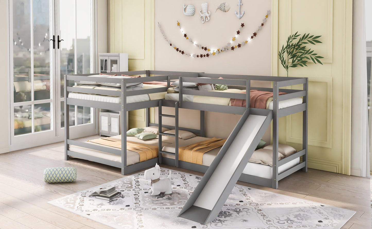 Full and Twin Size L-Shaped Bunk Bed with Slide and Short Ladder,Gray