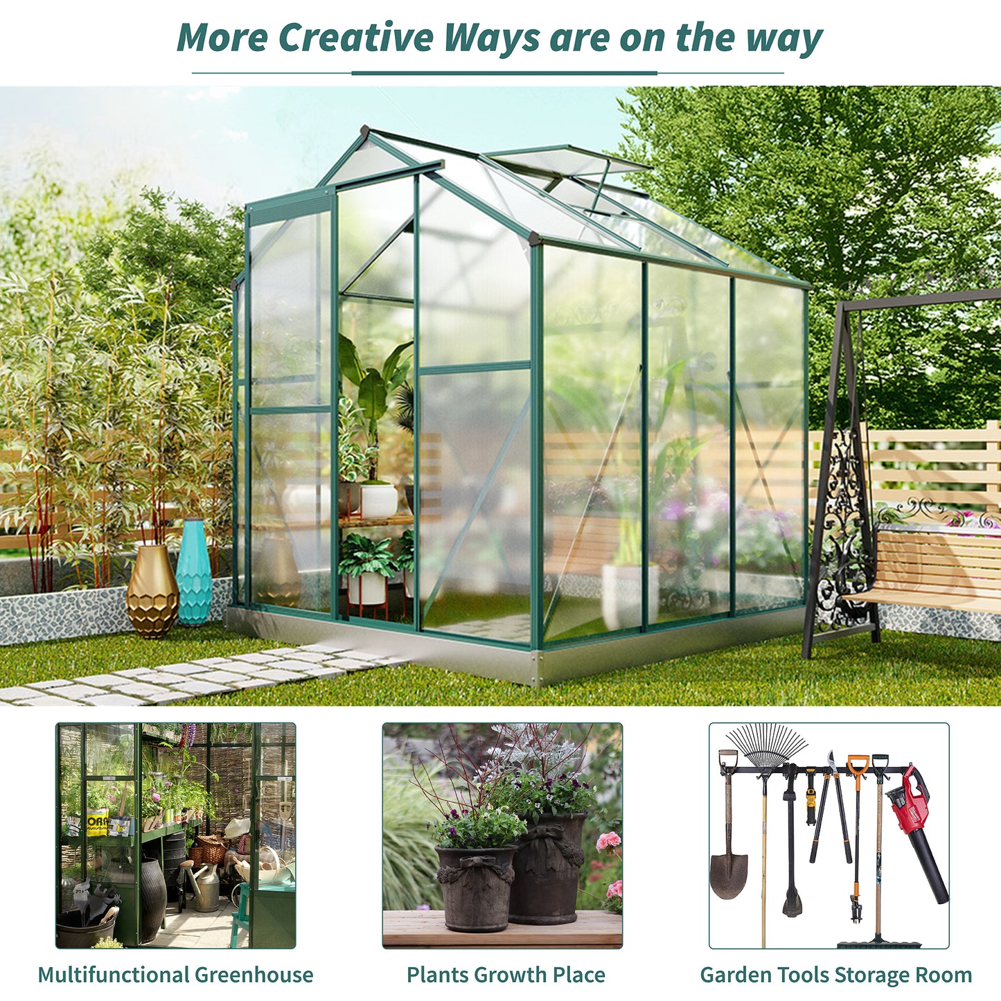 TOPMAX Upgraded Outdoor Patio 6.2ft Wx6.3ft D Greenhouse, Walk-in Polycarbonate Greenhouse with 2 Windows and Base,Aluminum Hobby Greenhouse with Sliding Door for Garden, Backyard, Green