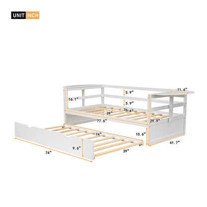 Twin Size Daybed with Trundle and Foldable Shelves on Both Sides,White