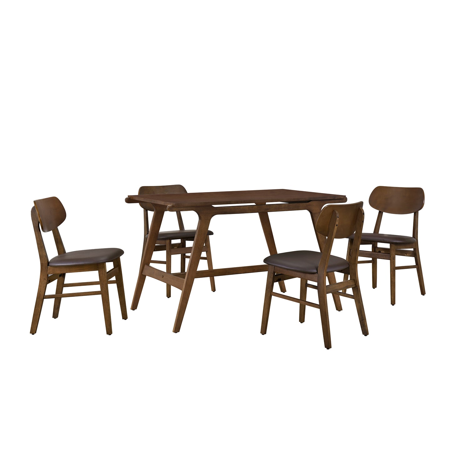 TREXM 5-Piece Mid-Century Style Dining Table Set Kitchen Table with 4 Faux Leather Dining Chairs (Brown)