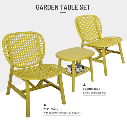 3 Pieces Hollow Design Patio Table Chair Set All Weather Conversation Bistro Set Outdoor Coffee Table with Open Shelf and Lounge Chairs with Widened Seat for Balcony Garden Yard Yellow