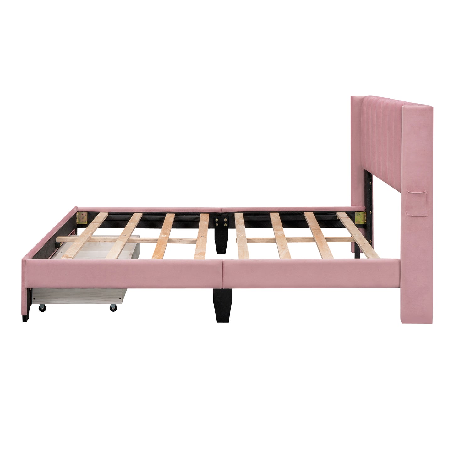 Queen Size Storage Bed Velvet Upholstered Platform Bed with a Big Drawer - Pink