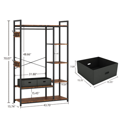 JHX Organized Garment Rack with Storage, Free-Standing Closet System with Open Shelves and Hanging Rod(Rustic Brown,43.7’’w x 15.75’’d x 70.08’’h).