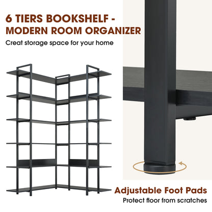 74.8 Inch Bookshelf L-shape MDF Boards Stainless Steel Frame Corner 6-tier Shelves Adjustable Foot Pads, Black