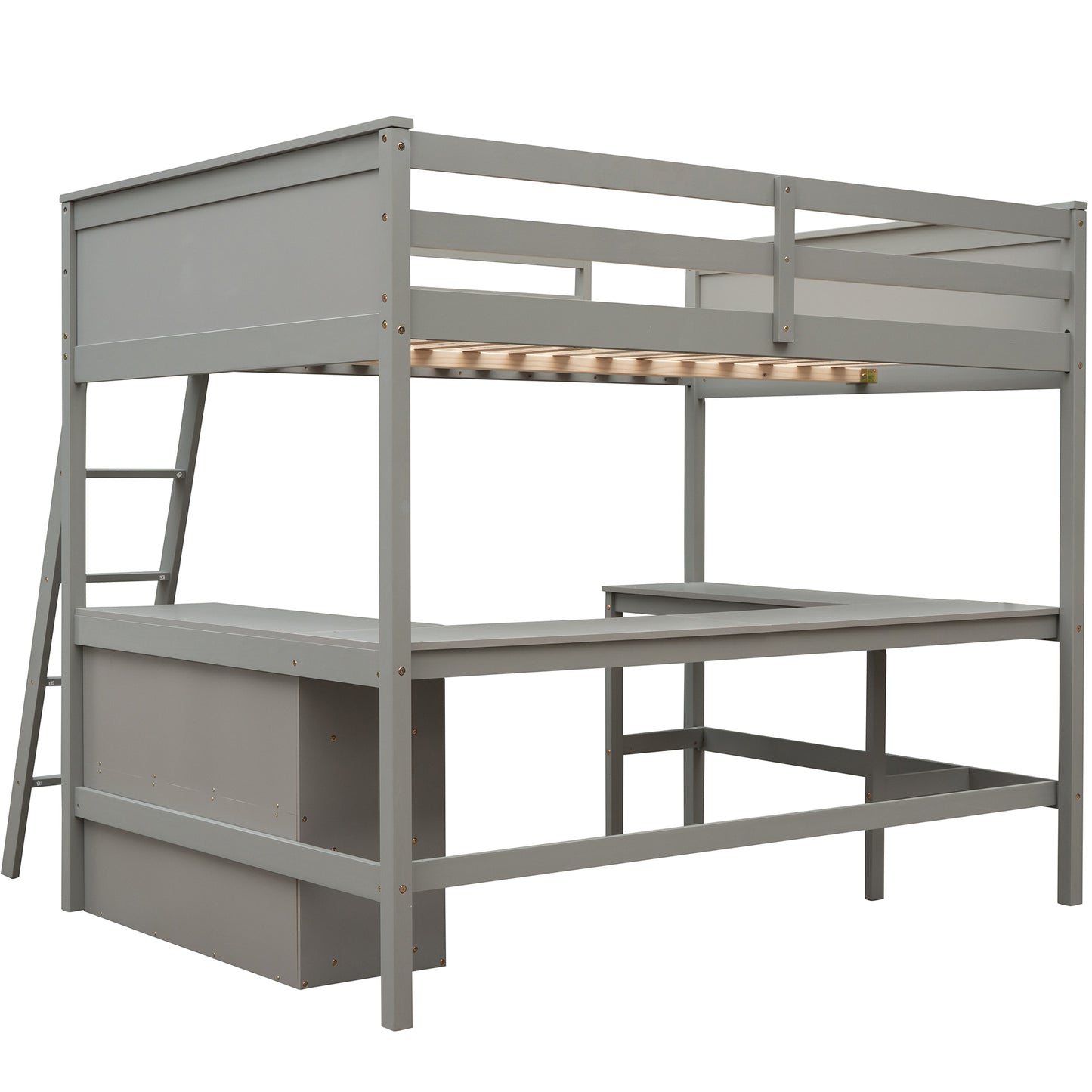 Full size Loft Bed with Shelves and Desk, Wooden Loft Bed with Desk - Gray