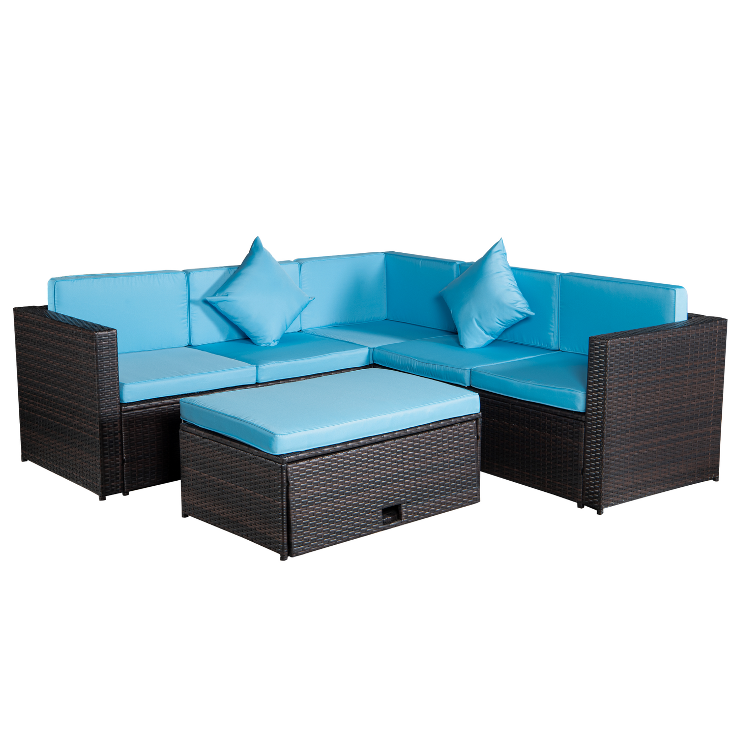 Patio Set 4-Piece Brown Poly Rattan Blue Cushion Combined 2 Blue Pillows Sectional Option Sofa Sets And Multifunctional Table