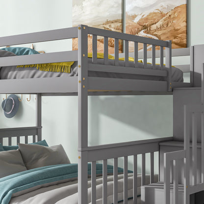 Full Over Full Bunk Bed with 2 Drawers and Staircases, Convertible into 2 Beds, the Bunk Bed with Staircase and Safety Rails for Kids, Teens, Adults, Grey