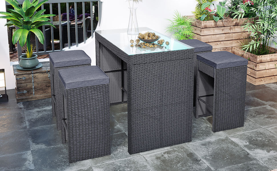 Topmax 5-piece Rattan Outdoor Patio Furniture Set Bar Dining Table Set with 4 Stools, Gray Cushion+Gray Wicker