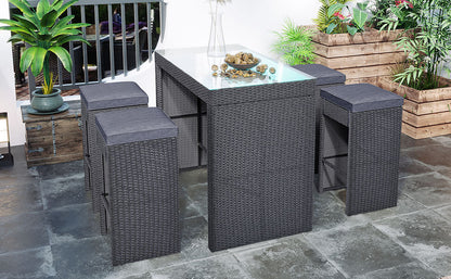 Topmax 5-piece Rattan Outdoor Patio Furniture Set Bar Dining Table Set with 4 Stools, Gray Cushion+Gray Wicker