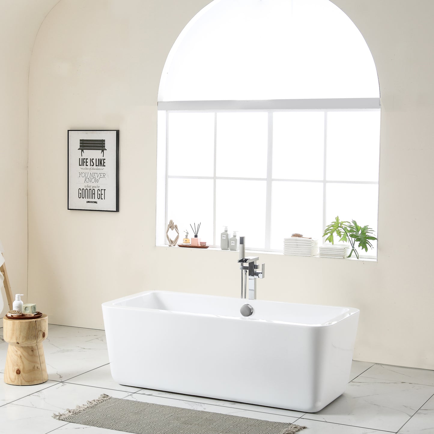 67" Acrylic Art Freestanding Alone White Soaking Bathtub with Brushed Nickel Overflow and Pop-up Drain