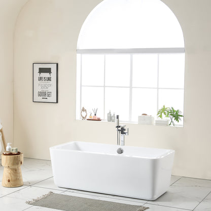 67" Acrylic Art Freestanding Alone White Soaking Bathtub with Brushed Nickel Overflow and Pop-up Drain