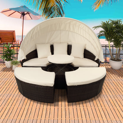 TOPMAX Patio Furniture Round Outdoor Sectional Sofa Set Rattan Daybed Sunbed with Retractable Canopy, Separate Seating and Removable Cushion (Beige)