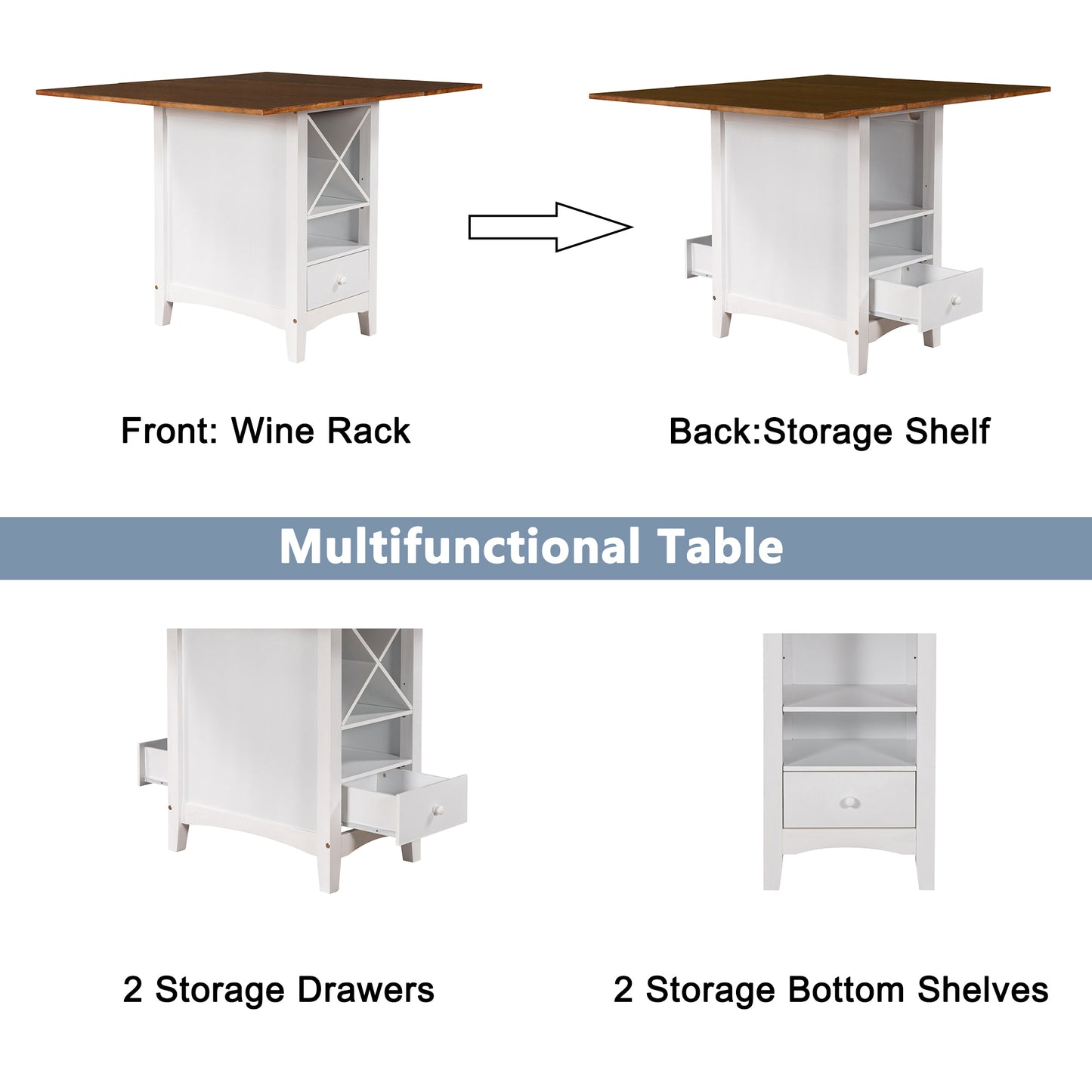 TOPMAX Farmhouse Wood Counter Height 5-Piece Dining Table Set with Drop Leaf, Kitchen Set with Wine Rack and Drawers for Small Places, Walnut+White