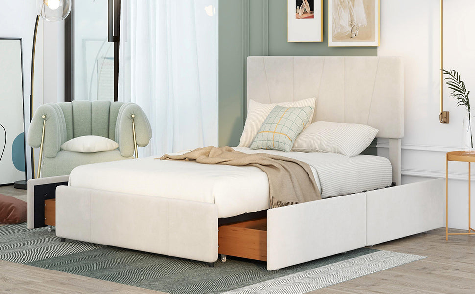 Full Size Upholstery Platform Bed with Four Drawers on Two Sides,Adjustable Headboard,Beige