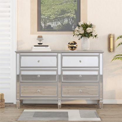 Elegant Mirrored Dresser with 6 Drawers, Modern Silver Finished Dresser 56.1“L x 18.1” W x 36.4” H for Living Room Bedroom