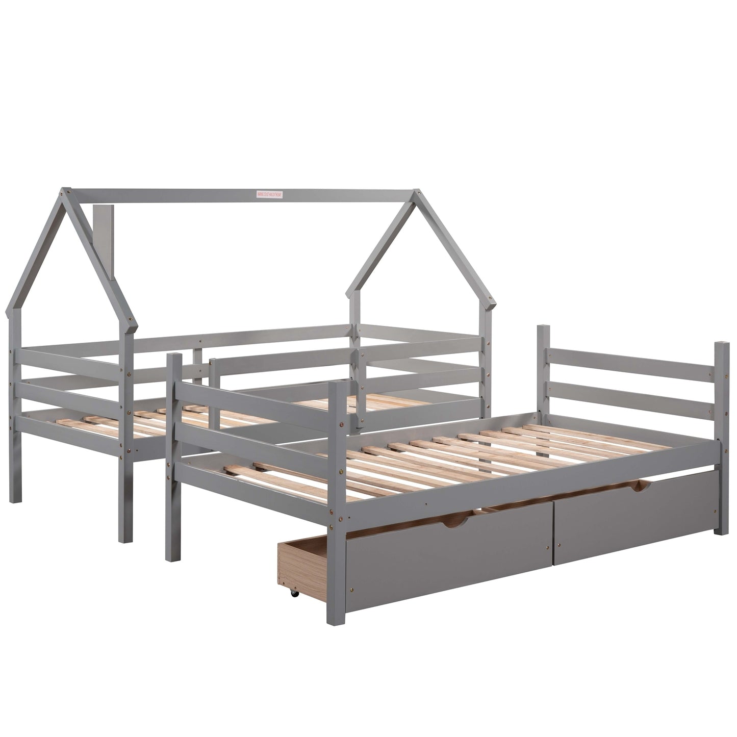 Twin over Twin House Bunk Bed with Two Drawers and Chimney Design,Gray