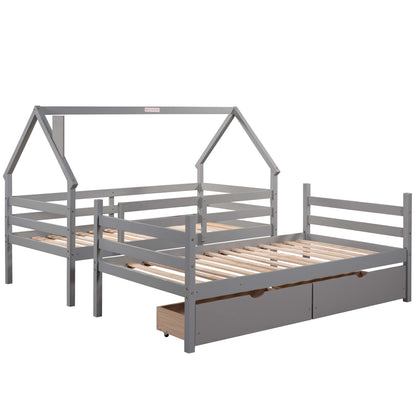 Twin over Twin House Bunk Bed with Two Drawers and Chimney Design,Gray