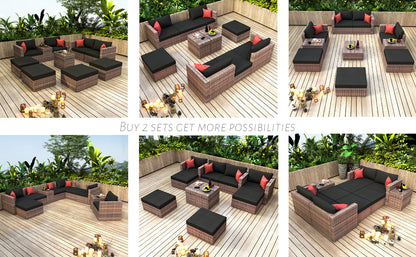 10 Pieces Outdoor Patio Garden Brown Wicker Sectional Conversation Sofa Set with Black Cushions and Red Pillows,w/ Furniture Protection Cover