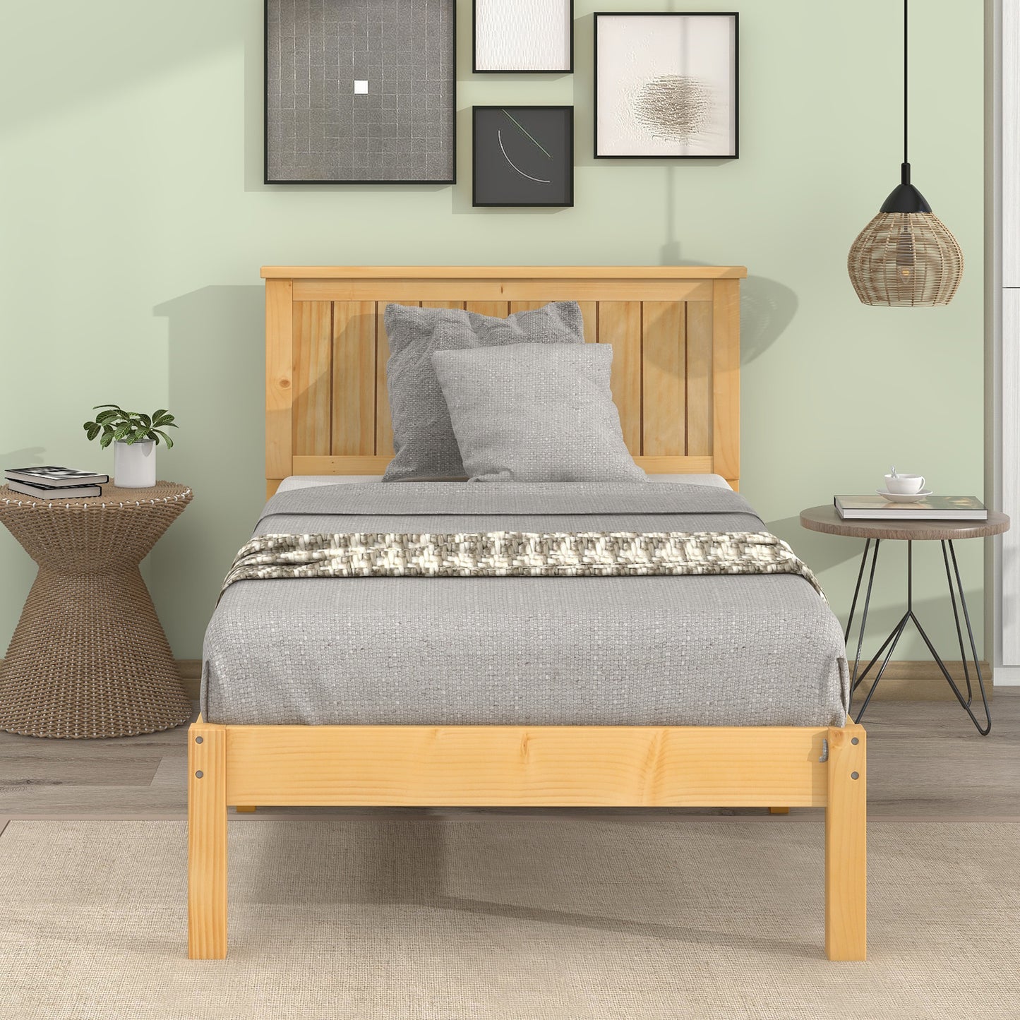 Platform Twin Bed with Headboard,Natural