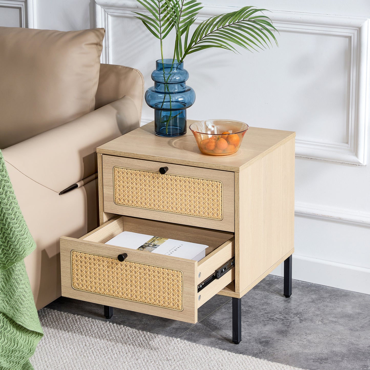 Modern simple storage cabinet MDF Board bedside cabinet Japanese rattan bedside cabinet Small household furniture bedside table.Applicable to dressing table in bedroom, porch, living room.2 Drawers