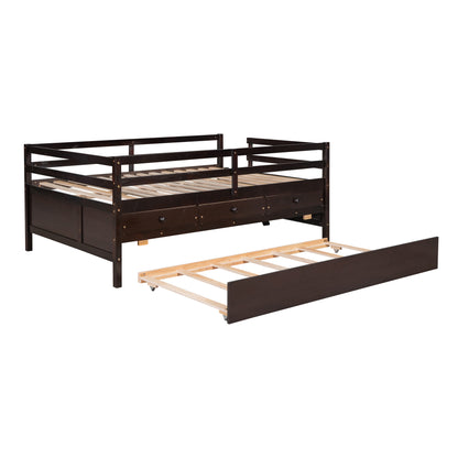 Low Loft Bed Full Size with Full Safety Fence, Climbing ladder, Storage Drawers and Trundle Espresso Solid Wood Bed
