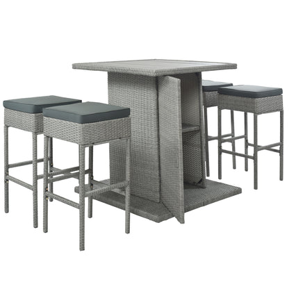 TOPMAX Patio 5-Piece Rattan Dining Table Set, PE Wicker Square Kitchen Table Set with Storage Shelf and 4 Padded Stools for Poolside, Garden, Gray Wicker+Dark Gray Cushion