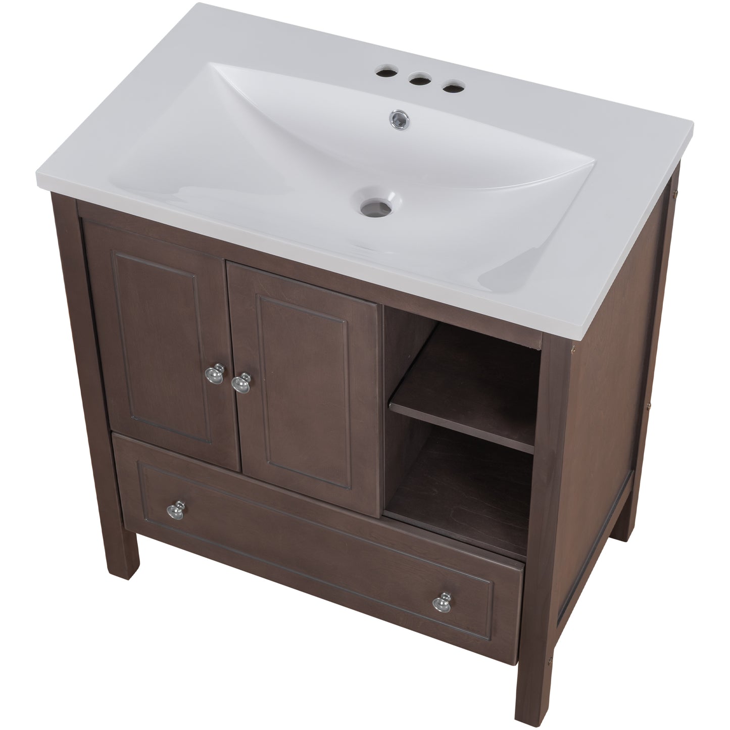 [VIDEO] 30" Bathroom Vanity with Sink, Bathroom Storage Cabinet with Doors and Drawers, Solid Wood Frame, Ceramic Sink, Brown