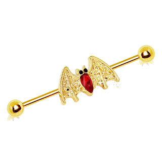 Gold Plated Industrial Barbell with Golden Blood Bat by Fashion Hut Jewelry