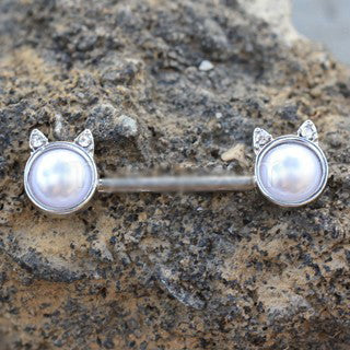 316L Surgical Steel Pearl White Cat Nipple Bar by Fashion Hut Jewelry