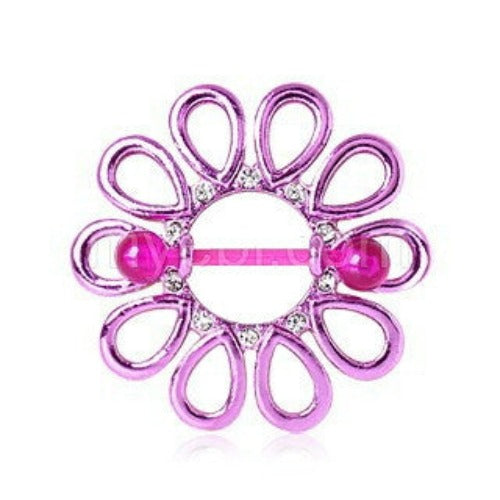 PVD Plated Purple Gemmed Flower Burst Nipple Shield with BioFlex Bar by Fashion Hut Jewelry