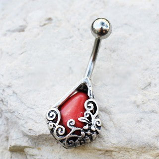 316L Stainless Steel Ornamental Red Stone Teardrop Navel Ring by Fashion Hut Jewelry