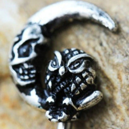 316L Stainless Steel Gothic Owl on the Moon Skeleton Key Navel Ring by Fashion Hut Jewelry