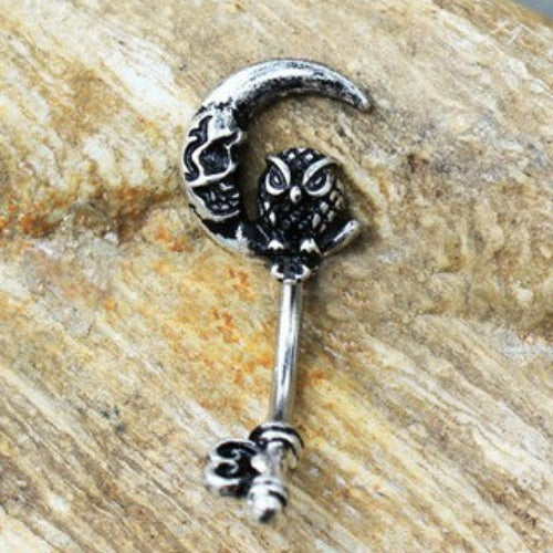 316L Stainless Steel Gothic Owl on the Moon Skeleton Key Navel Ring by Fashion Hut Jewelry