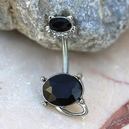 316L Stainless Steel Fancy Black Cat Navel Ring by Fashion Hut Jewelry