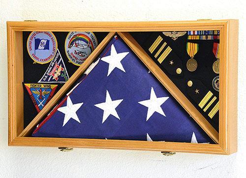 Large Flag & Medals Military Pins Patches Insignia Holds up to 3x5 Flag with oak finish material by The Military Gift Store